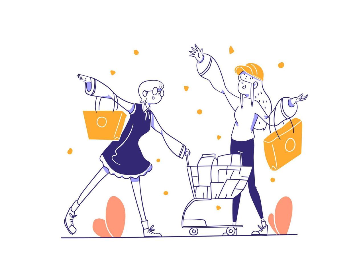 cliente femenino adicto a las compras comprar y poner el artículo en el carrito de la compra en la tienda en línea ilustración del concepto en estilo de diseño dibujado a mano de contorno vector