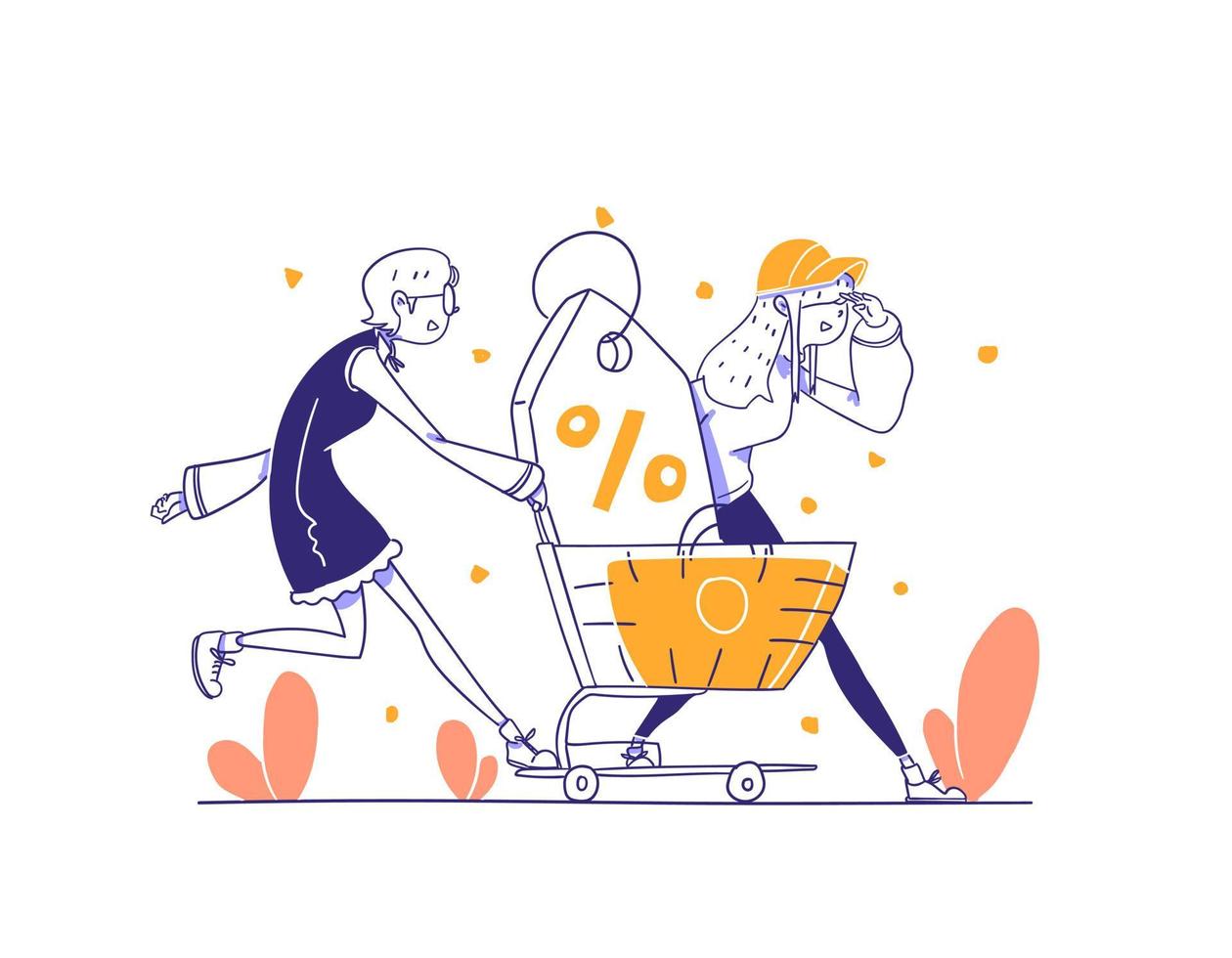 Female Customer Put Sale Item in Online Shop Cart concept Illustration in Outline Hand Drawn Design Style vector