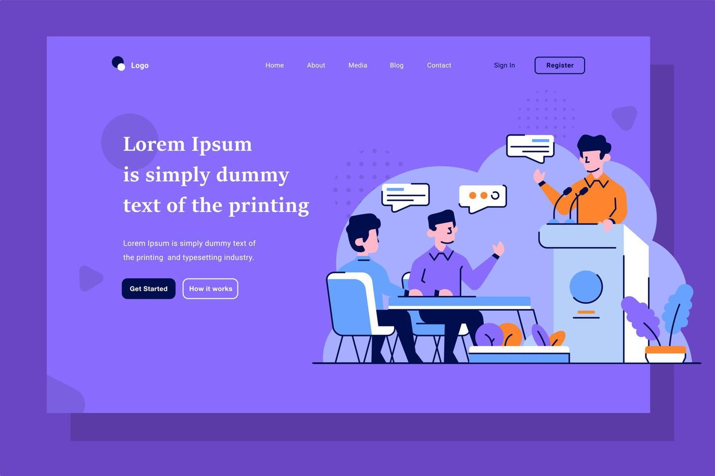 Landing Page Business and finance listening to speech by a speaker employee employer work discussion flat and outline design style vector