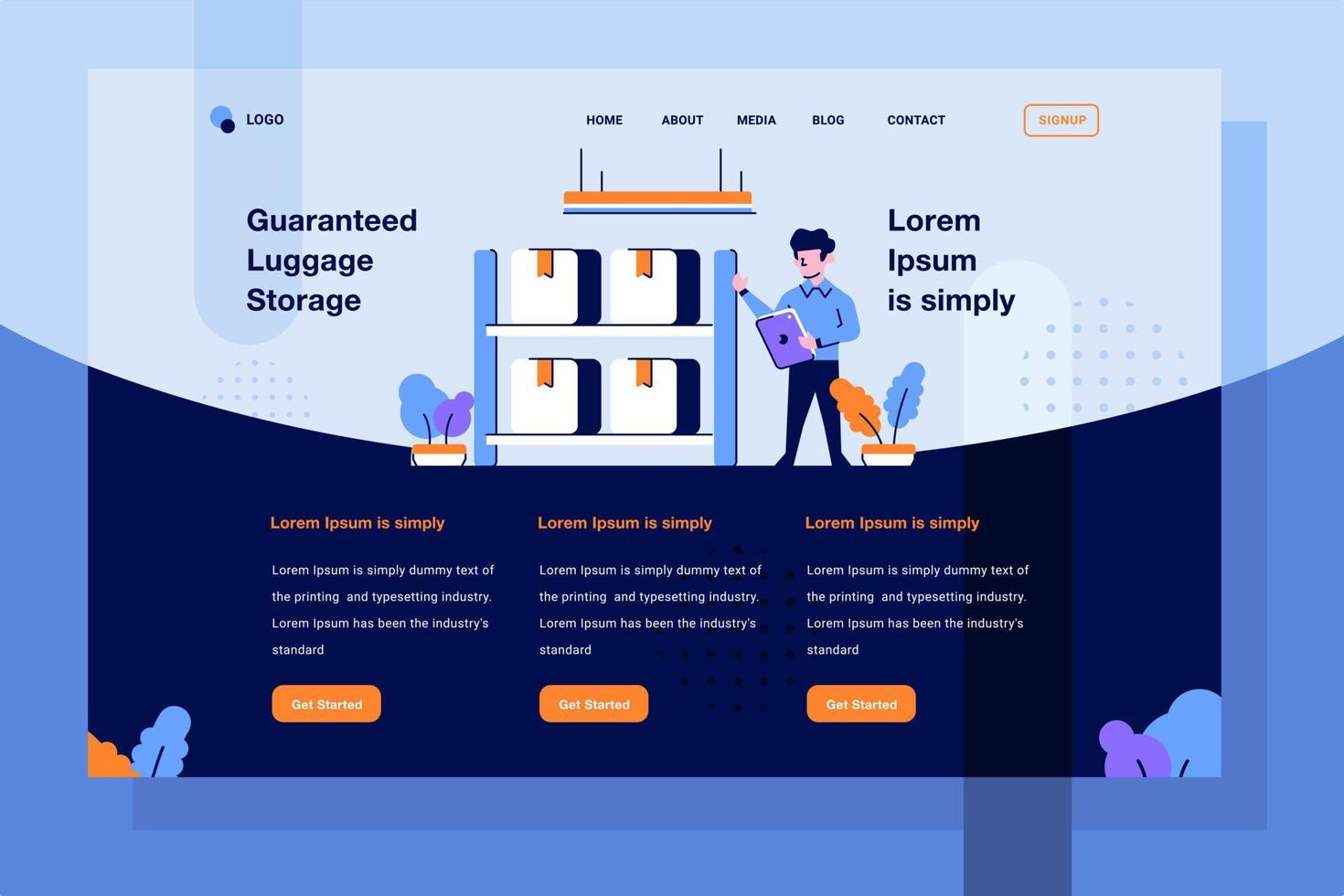 Landing Page ecommerce marketplace staff checking goods supply in warehouse groceries online shopping shop flat and outline design style vector