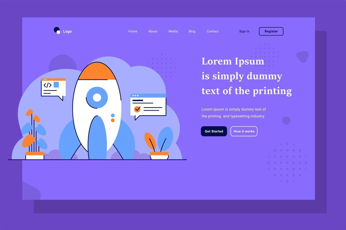 Landing Page Business startup developer starting a business rocket development setting flat and outline design style vector