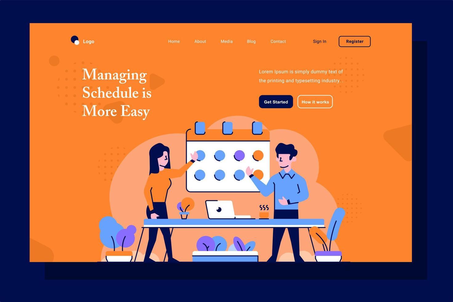 Landing Page UI Business finance man women manage schedule date calendar flat outline design style vector