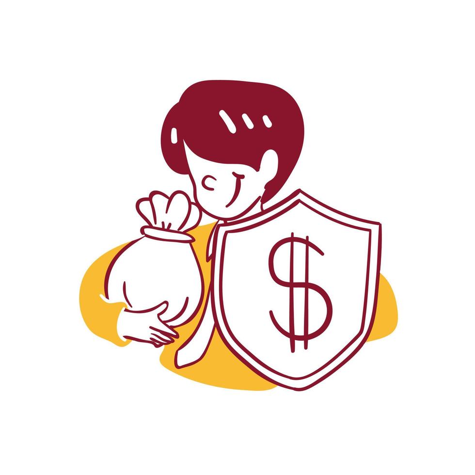 Business Finance Man Saving to Protect  and shield Money in Pouch Concept Icon Illustration in Outline Hand Drawn Design Style vector