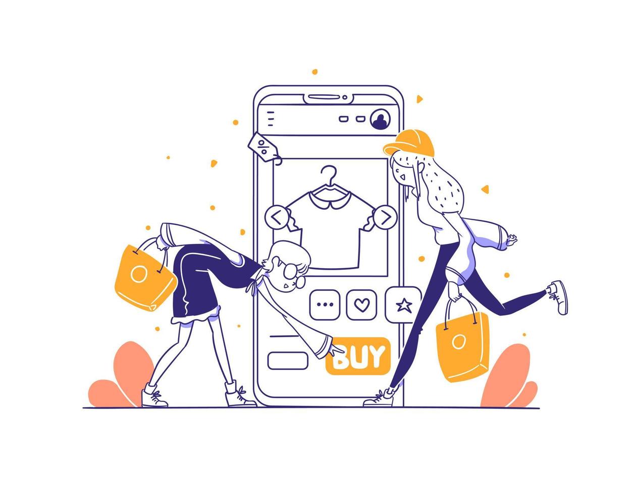 las niñas eligen y compran productos de venta de moda en la ilustración del concepto de tienda en línea en estilo de diseño dibujado a mano de contorno vector