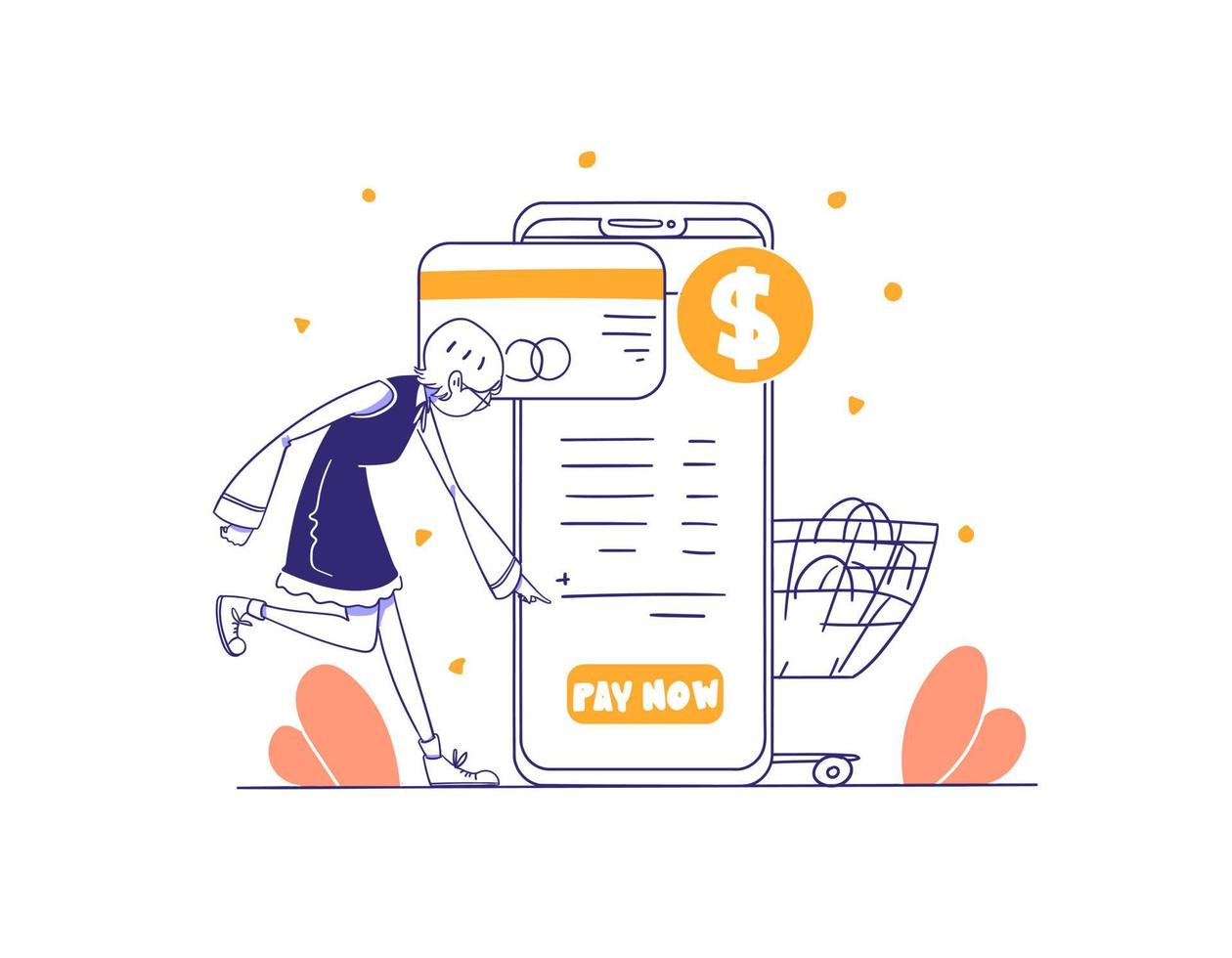 Girl make Online Payment with Smart Phone concept Illustration in Outline Hand Drawn Design Style vector