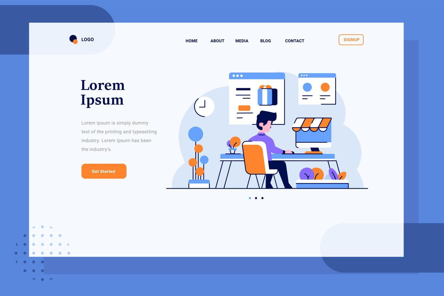 Landing Page ecommerce a man choose goods and buy stuff in marketplace transaction online shopping flat and outline design style vector