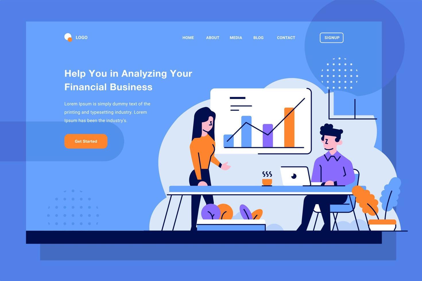 Landing Page Business a man and woman doing analysis presentation and analyze development graph chart diagram discussion flat and outline design vector