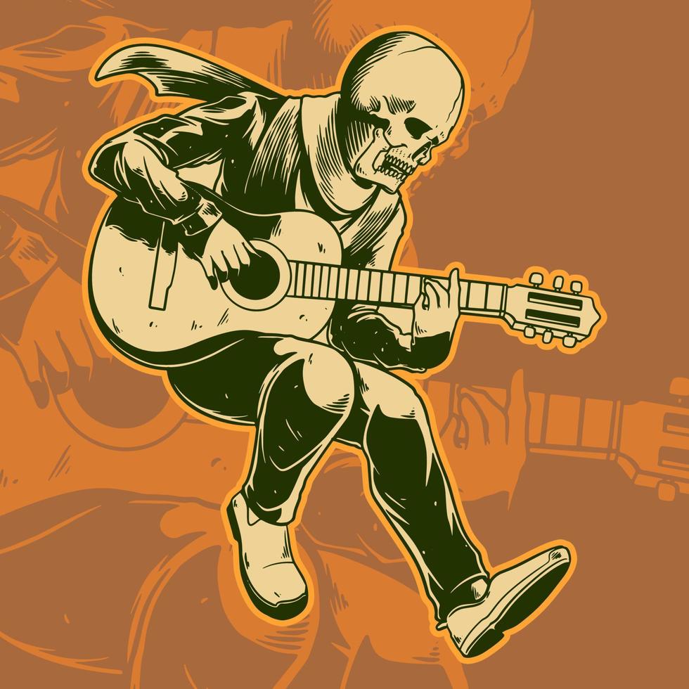 cráneo y guitarra y gráfico de ilustración de heavy metal. vector