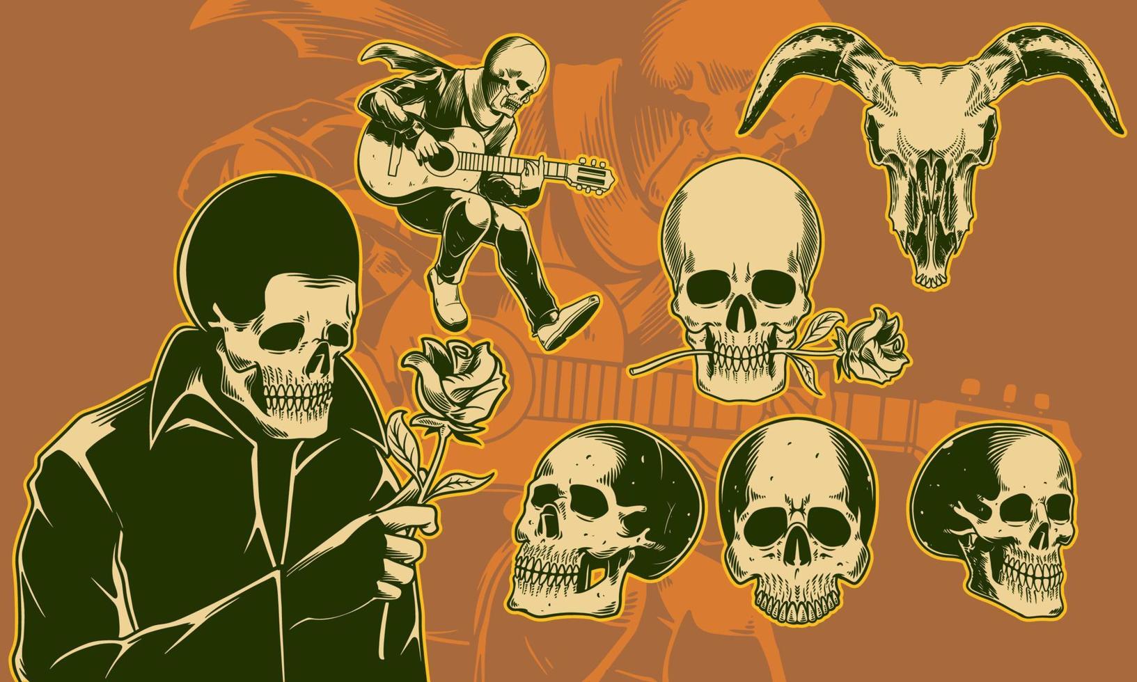 Set of halloween with skull head, horn's head and skull with flower. vector