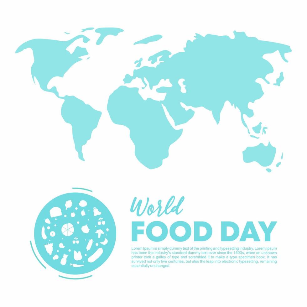 color azul del día mundial de la alimentación con mapa y elementos de doodle de comida. vector