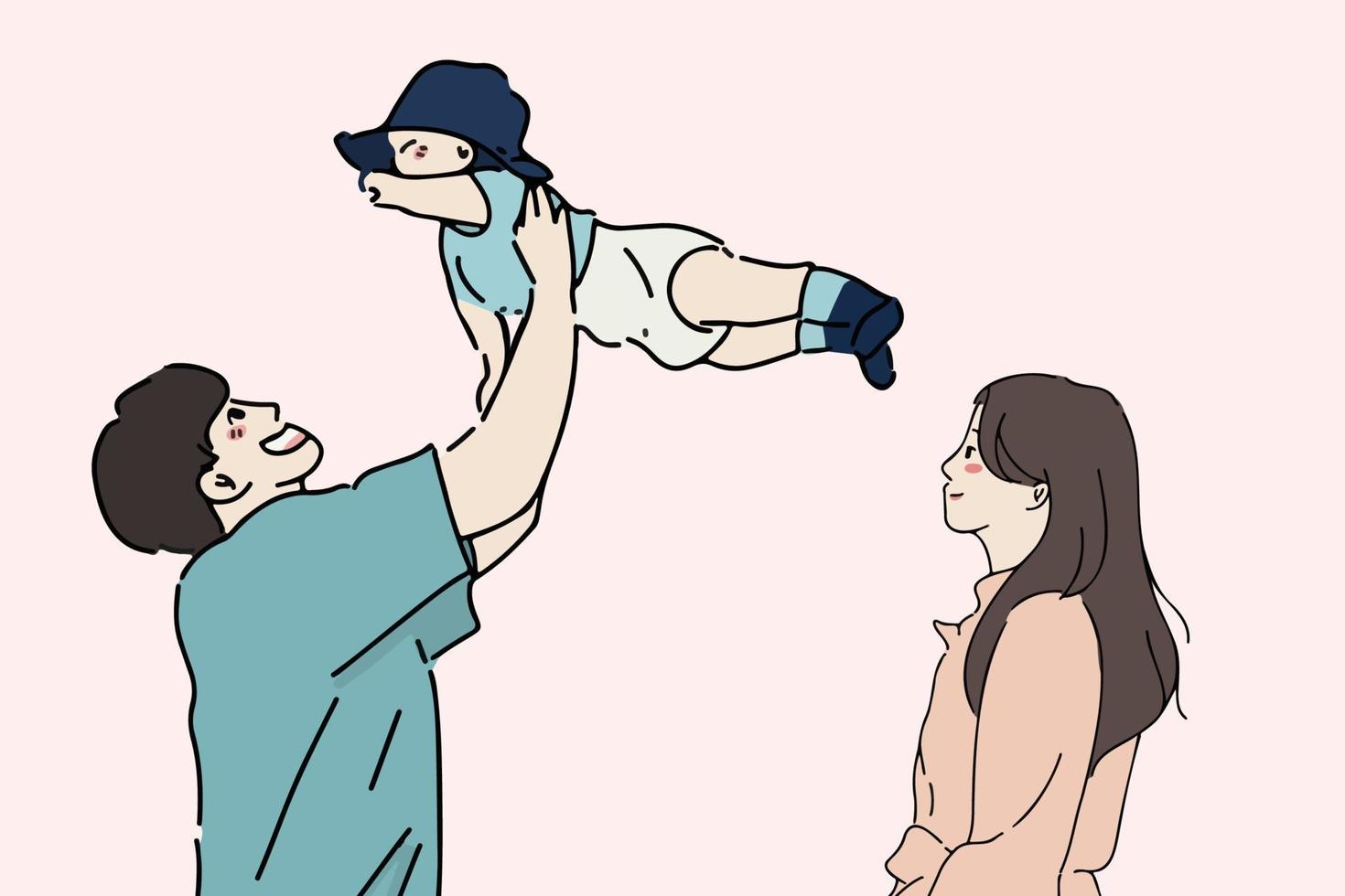 Father holding his baby in the air and mother looking at them vector