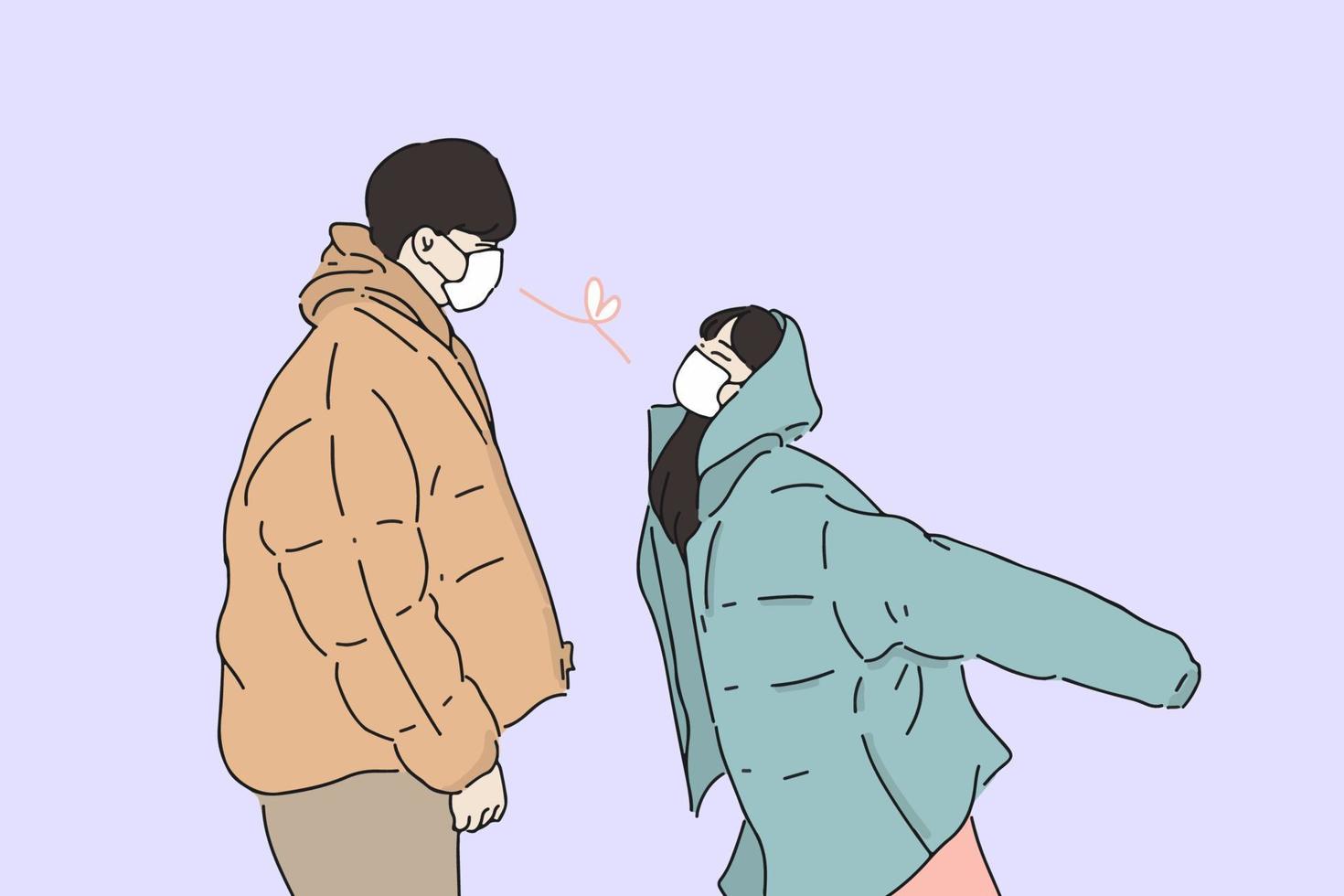 Hand-drawn illustration of couple wearing face mask looking at each other vector