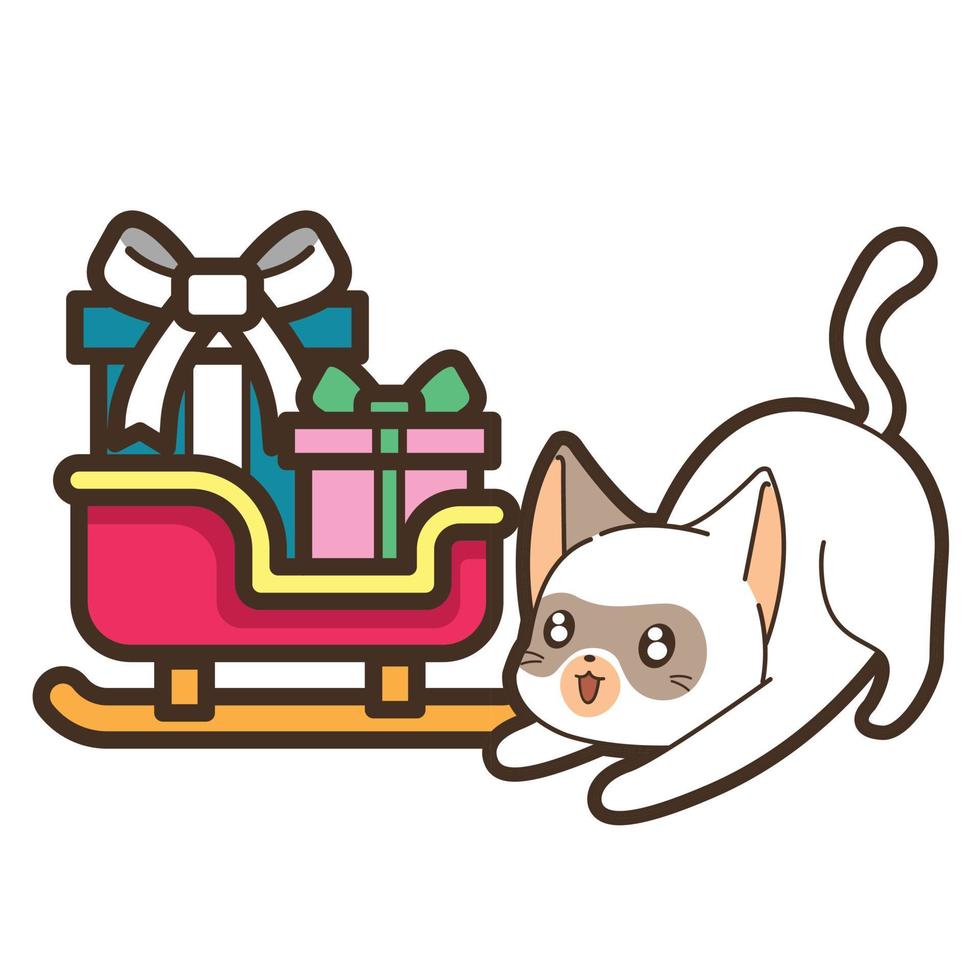 Cat and gift box on sleigh in Christmas day vector