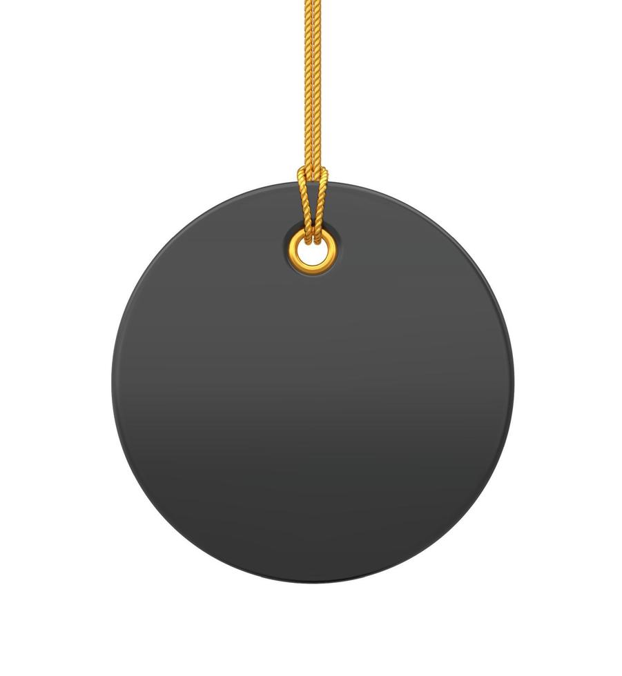 Price tag. Black blank tag hanging on gold rope. Discount label isolated on transparent background. Tag label icon for websites and apps. Realistic 3D vector illustration.