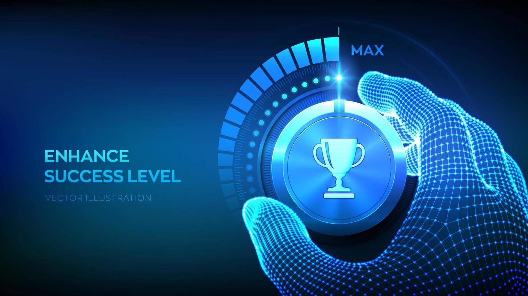 botón de control de niveles de éxito. aumentando el nivel de éxito. Mano de estructura metálica girando una perilla de prueba con el icono de la copa del trofeo a la posición máxima. concepto de logro empresarial. ilustración vectorial. vector