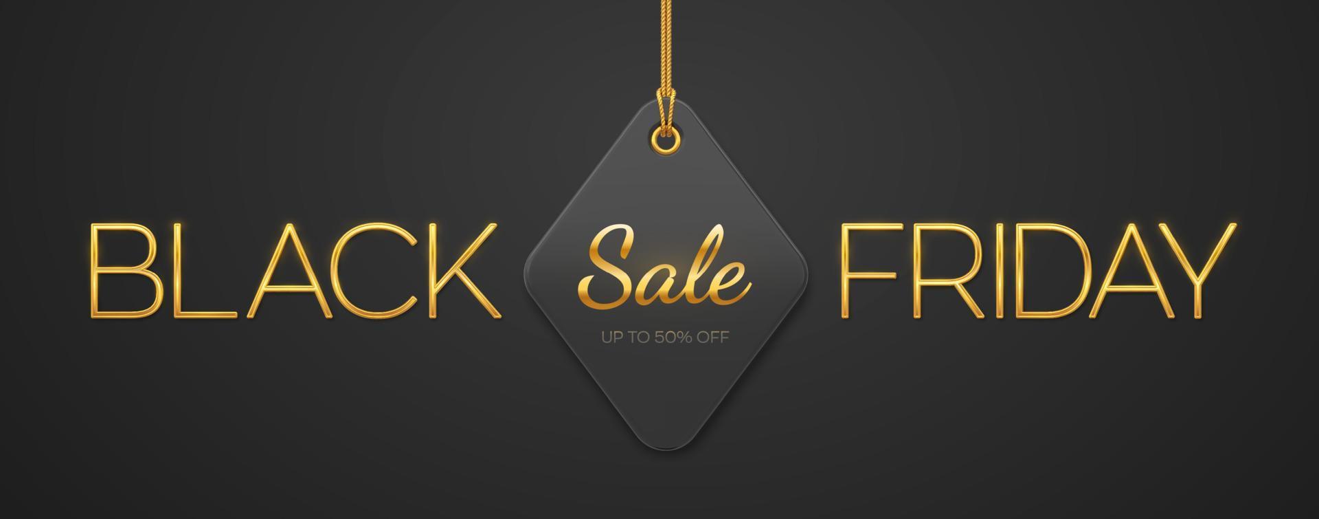 Black Friday Sale. Golden metallic luxury letters BLACK FRIDAY and price tag coupon hanging on gold ropes on black background. Horizontal banner, web site header, poster. Vector illustration.