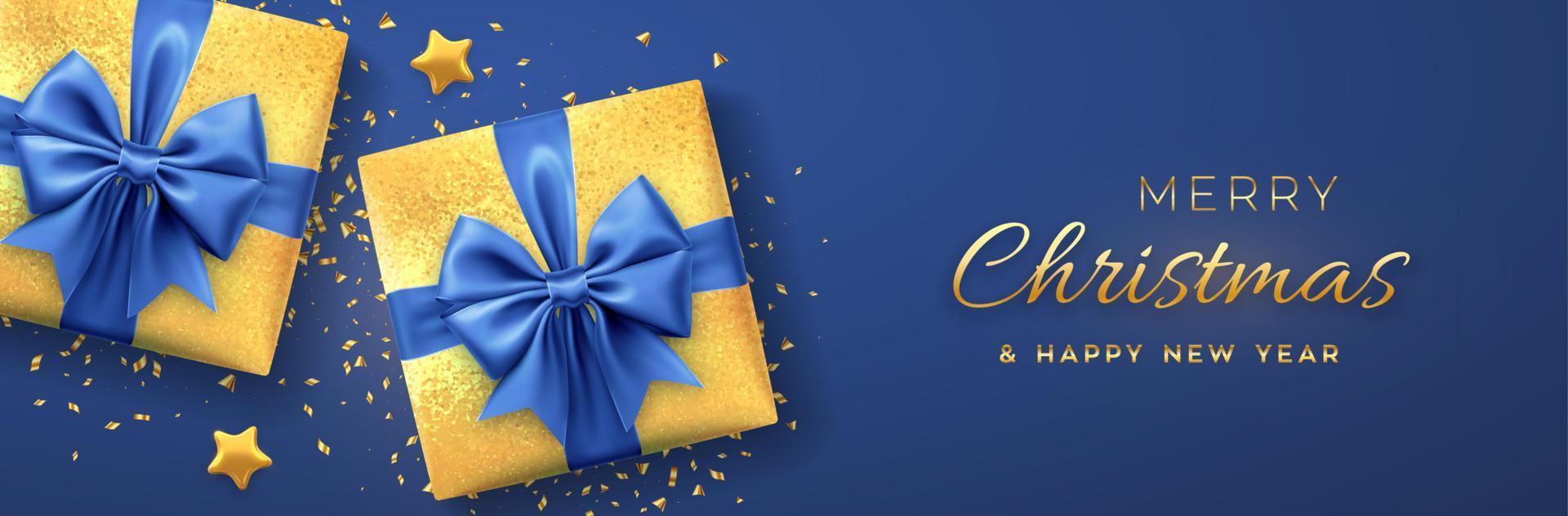 Christmas banner. Realistic golden gift boxes with blue bow, gold stars and glitter confetti. Xmas background, horizontal christmas poster, greeting cards, headers website. Vector illustration.