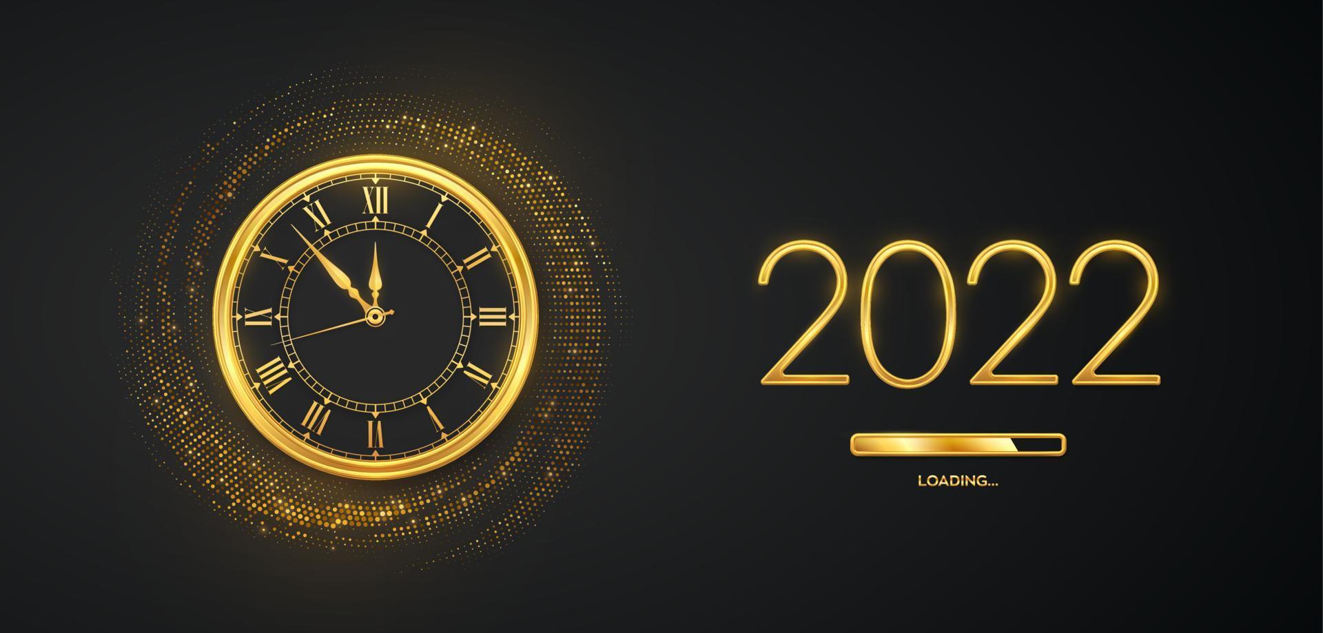 feliz año nuevo 2022. números metálicos dorados 2022, reloj de oro con números romanos y cuenta regresiva de medianoche con barra de carga sobre fondo brillante. telón de fondo lleno de brillos. ilustración vectorial. vector