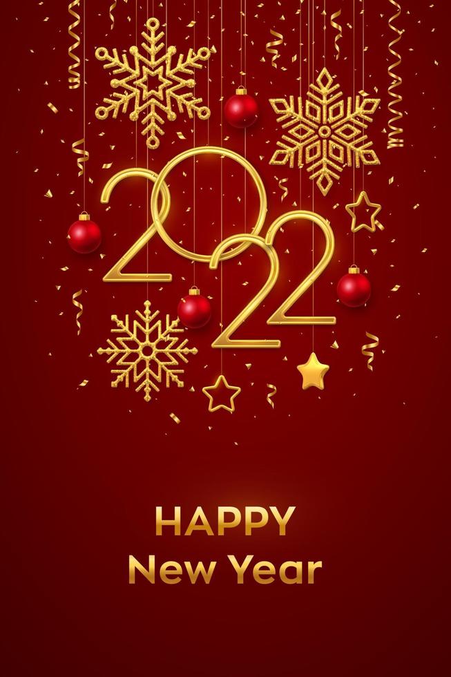 Happy New 2022 Year. Hanging Golden metallic numbers 2022 with shining snowflakes, 3D metallic stars, balls and confetti on red background. New Year greeting card or banner template. Vector. vector