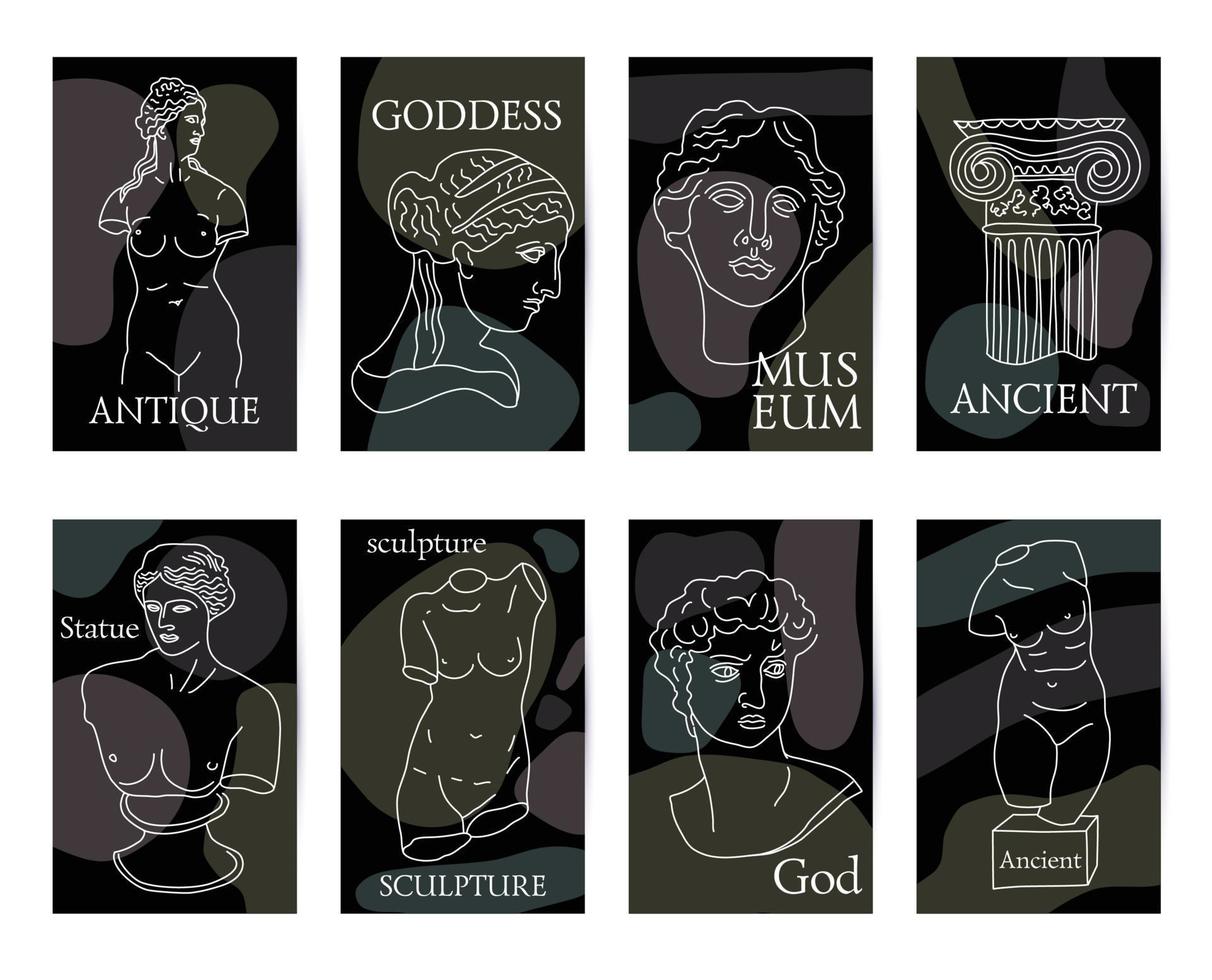 Ancient Greece and Rome set of 8 black cards tradition and culture vector seamless pattern. The linear trend of the ancient, Ancient Greece and Ancient Rome.