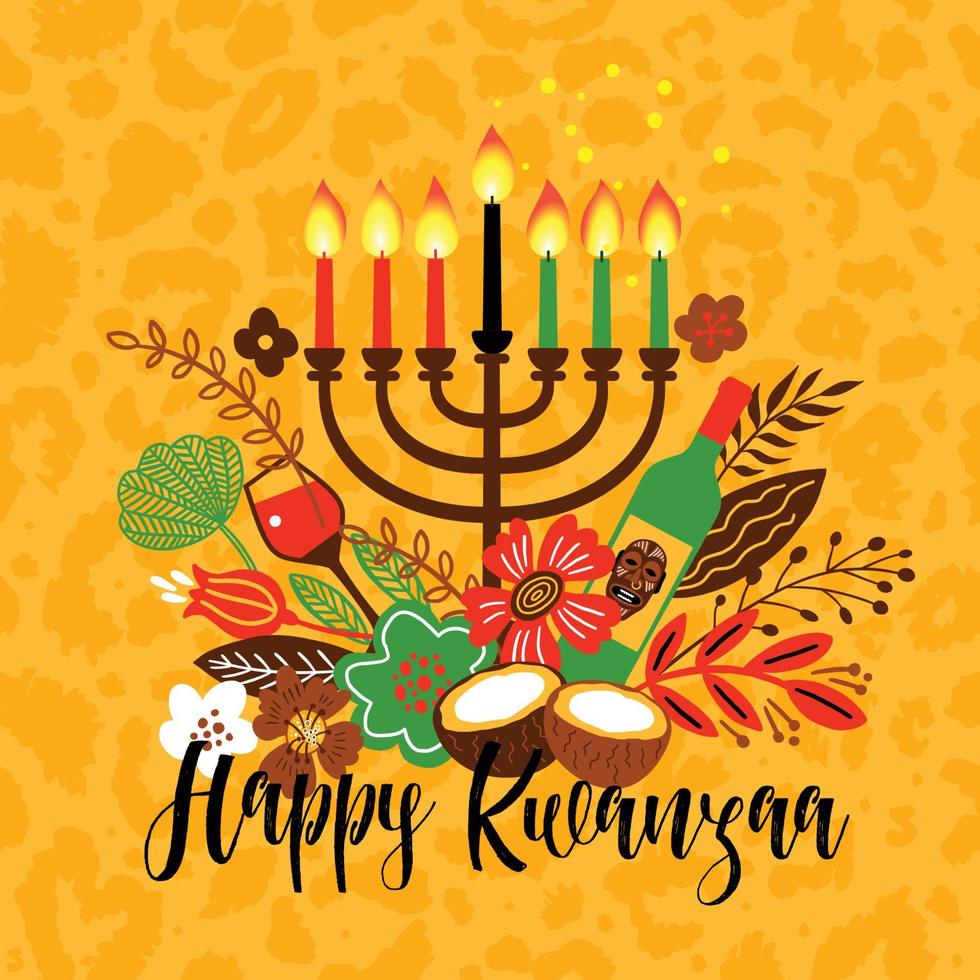 Banner for Kwanzaa with traditional candles representing the Seven Principles or Nguzo Saba. Lettering Happy Kwanzaa. Vector greeting card on leopard background.