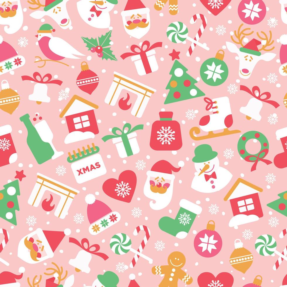 Navidad de patrones sin fisuras con iconos de año nuevo sobre fondo rosa. perfecto para papel tapiz, papel de regalo, rellenos de patrones, saludos de invierno, fondo de páginas web, tarjetas de felicitación navideñas y de año nuevo vector