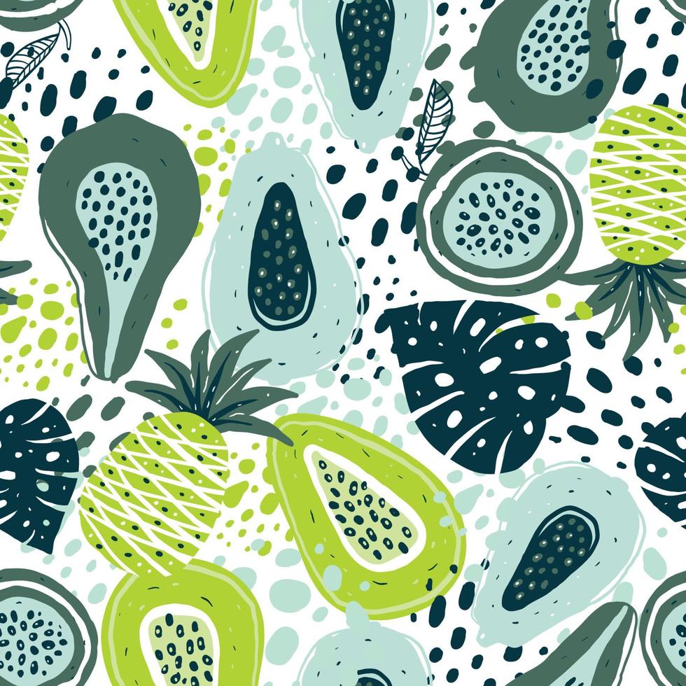 de patrones sin fisuras con frutas modernas creativas. fondo de moda dibujado a mano. patrón abstracto con papaya piña y maracuyá. plantilla para tarjetas, pancartas, tela estampada, camiseta. vector