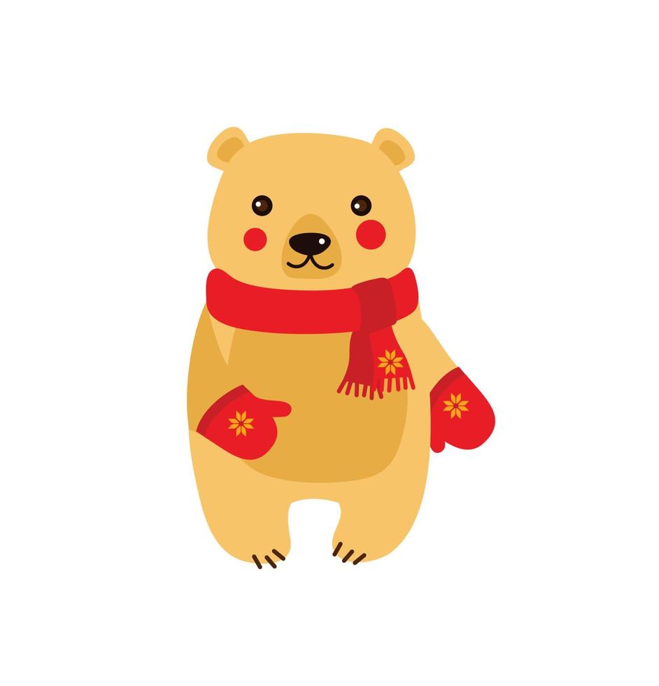 Vector illustration of cute winter bear in a scarf and mitten. Christmas or New Year card. Isolated icon of winter cartoon animal.