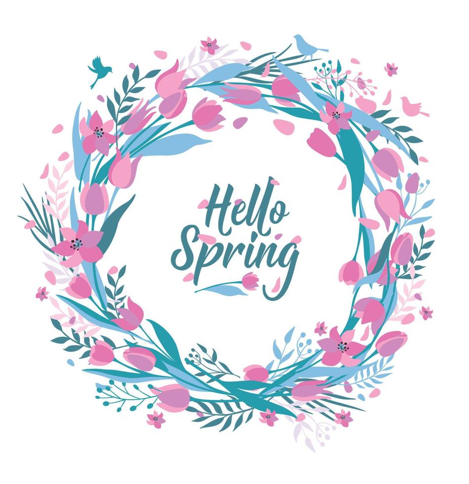 Vector seamless pattern of cute stylish tulips. Wreath illustration hello spring.