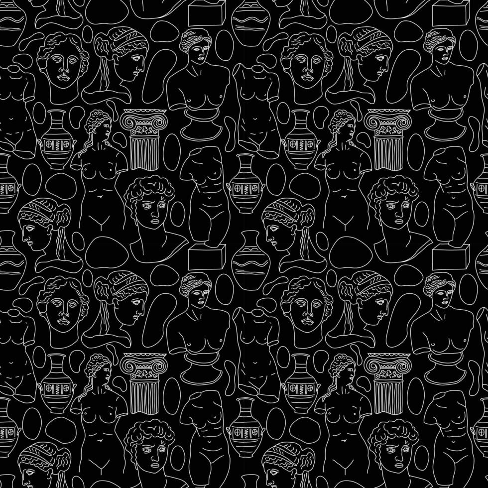 Ancient Greece and Rome tradition and culture vector seamless pattern on black. The linear trend of the ancient surface pattern, Ancient Greece and Ancient Rome.