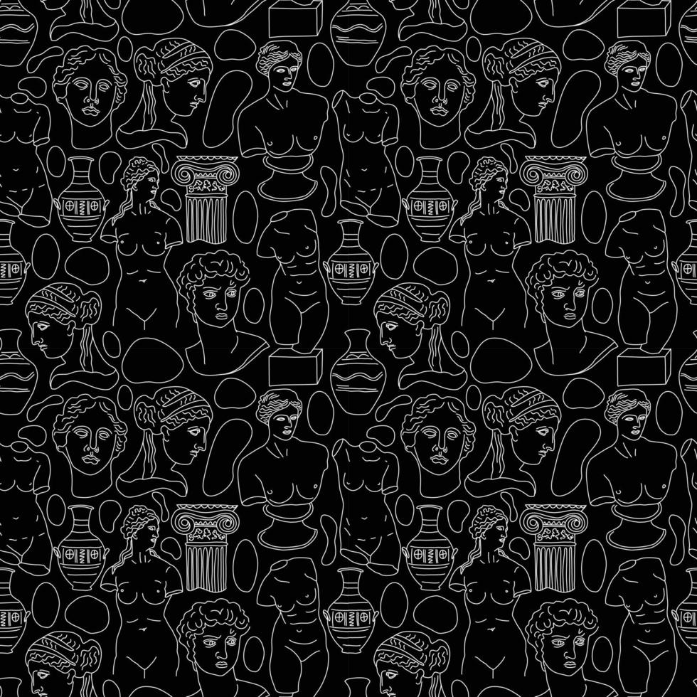 Ancient Greece and Rome tradition and culture vector seamless pattern on black. The linear trend of the ancient surface pattern, Ancient Greece and Ancient Rome.