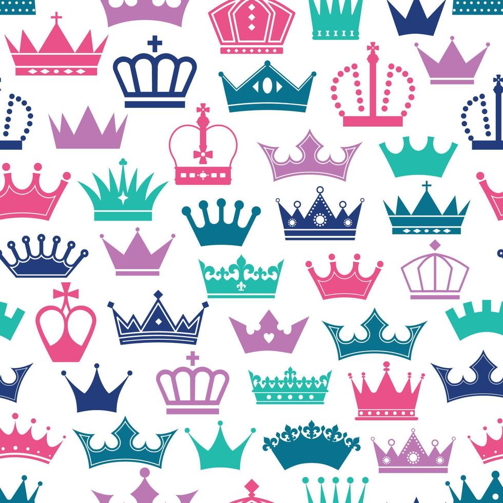 Retro seamless pattern of colors crowns on white background. Surface seamless print of royal. vector