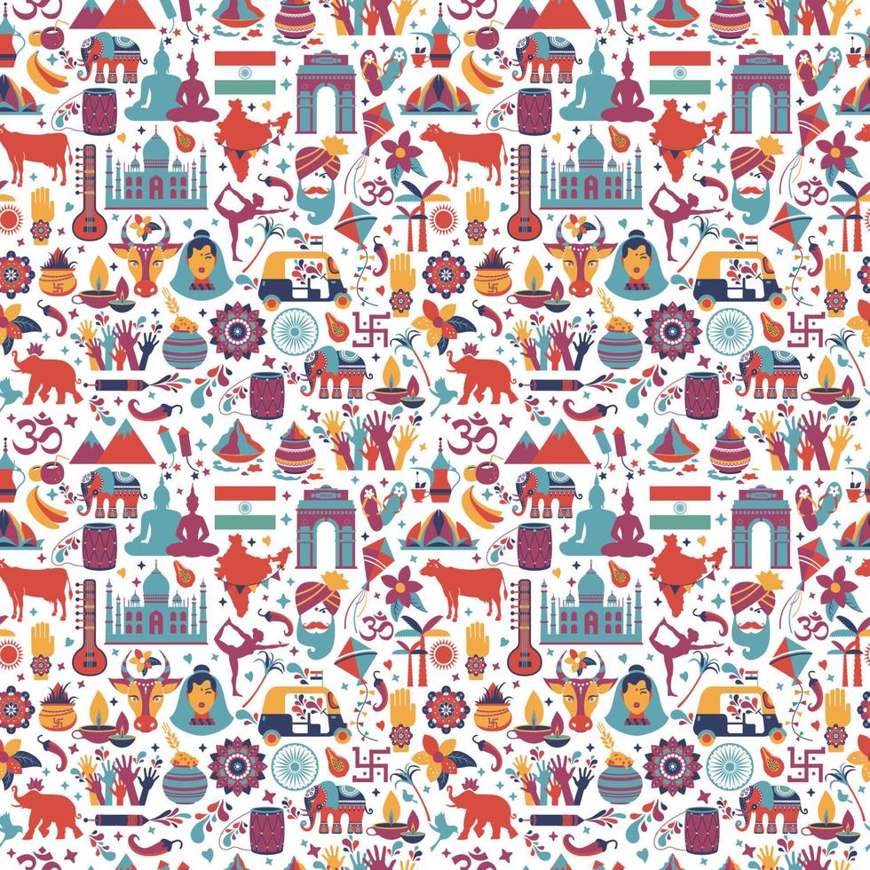 Traditional symbols of India seamless pattern on white background. vector