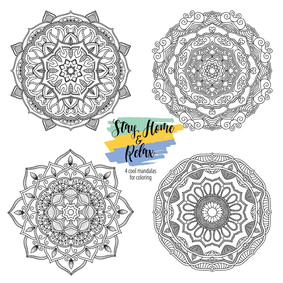 Stay Home and relax with mandala round floral ornament. Decorative design element. Black and white outline vector illustration for coloring book, print on T-shirt and other items.