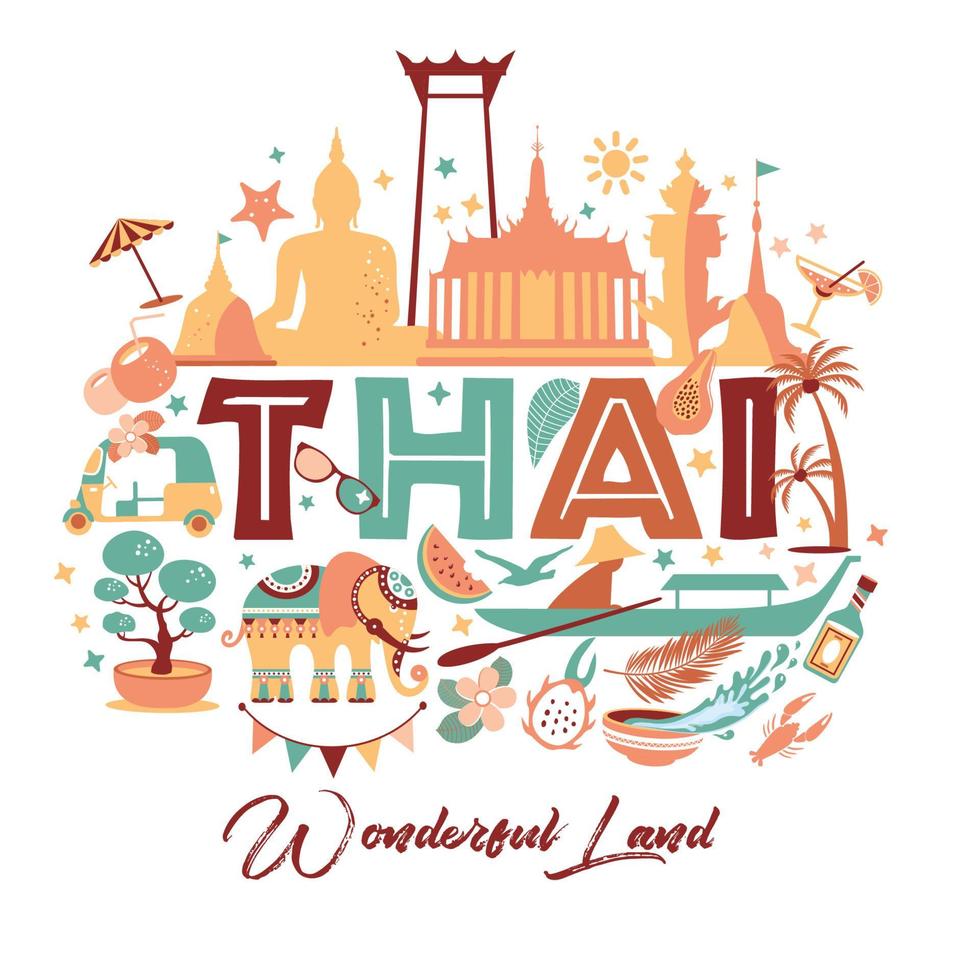 Collection of Thailand symbols with text. Vector poster. Postcard in trend color. Travel illustration. Web banner of travel with letters.