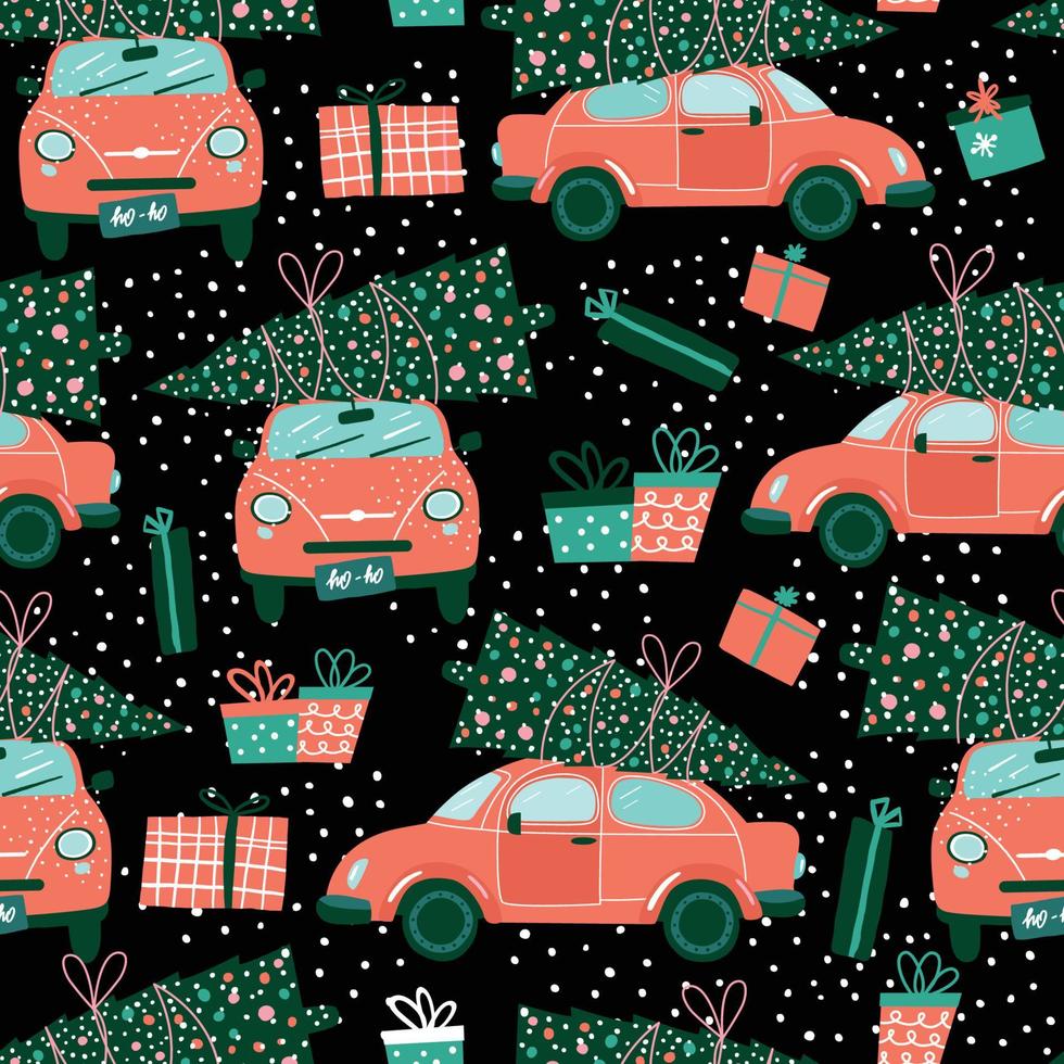 Vector seamless pattern with red car and Christmas tree on black. Christmas picture. Red pickup. New year illustration surface delivery service.