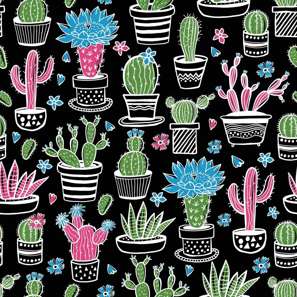 cactus y suculentas dibujadas a mano de patrones sin fisuras en estilo boceto en negro. Doodle colores flores en macetas. Vector de coloridas plantas de interior de casa linda.