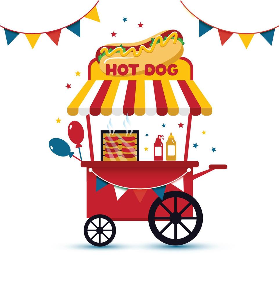 retro hot dog cart mobil comida rápida vector ilustración plana