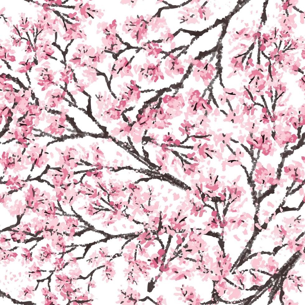 rama de cerezo de Japón sakura con ilustración de vector de flores florecientes. estilo dibujado a mano. patrón de superficie sin costuras.