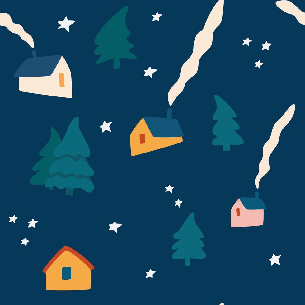 Winter houses seamless pattern. Winter landscape in Scandinavian style. Christmas background for fabrics, clothing, holidays, packaging paper, pajamas. Vector illustration.
