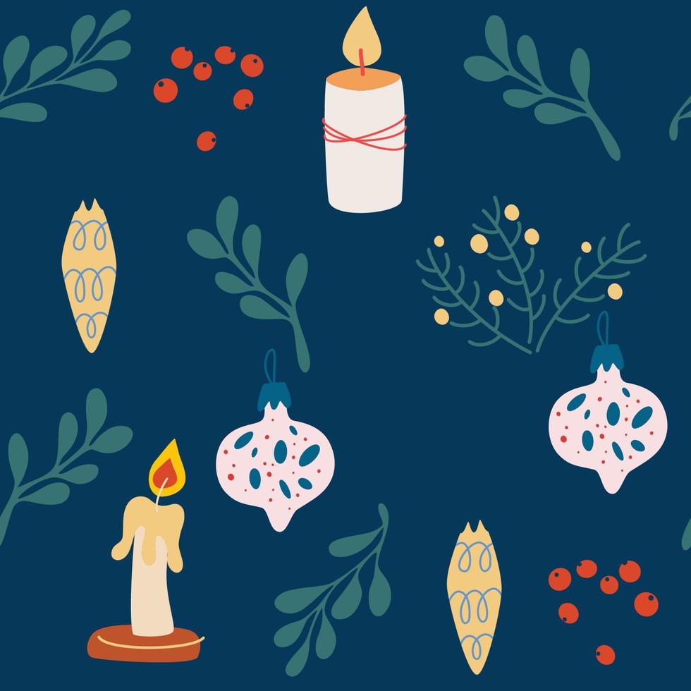 Christmas decorations seamless pattern. Candles, Christmas tree toys and twigs. Merry Christmas, Happy New Year background for greeting cards, wrapping papers. Vector illustration.