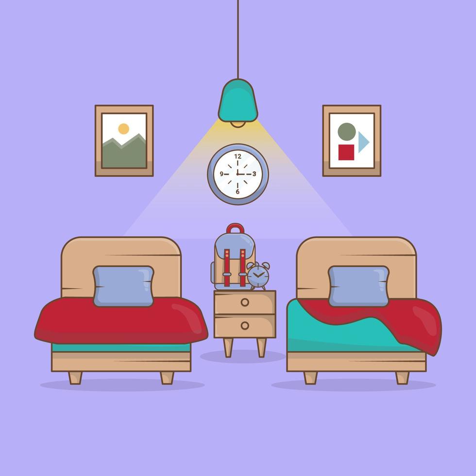 Bedroom child with minimalist twin bed, bag and alarm c'lock. vector