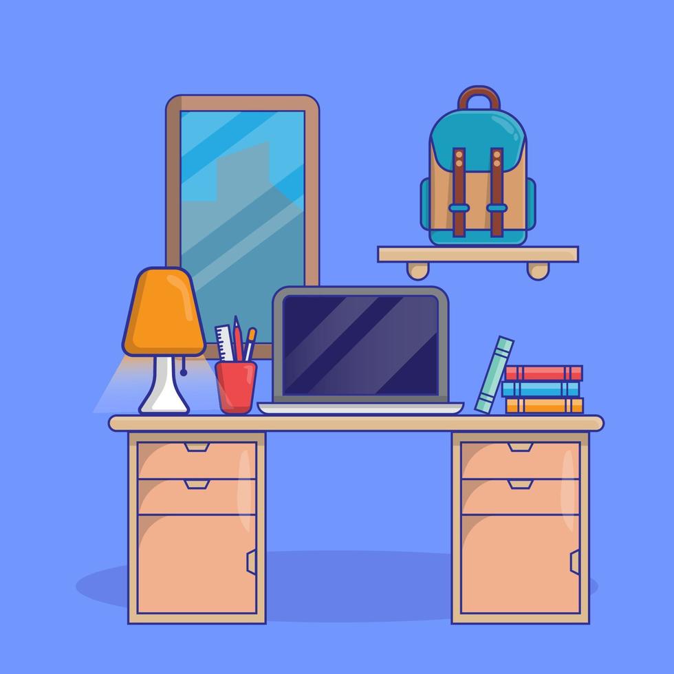 diseño plano de línea de espacio de trabajo de estudiante moderno con computadora de escritorio. vector