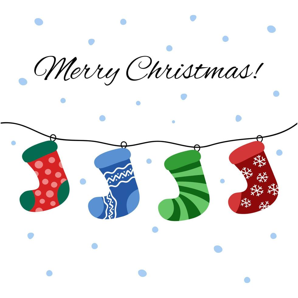Hanging Christmas socks isolated. Merry Christmas greeting card. Vector illustration