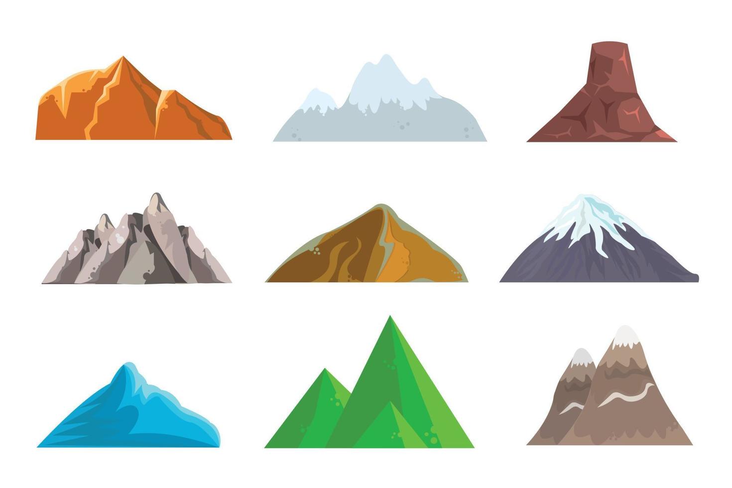 conjunto de colinas y montañas de dibujos animados, elementos de paisaje aislados vectoriales para diseño web o de juegos. ilustración. Fondo blanco. vector