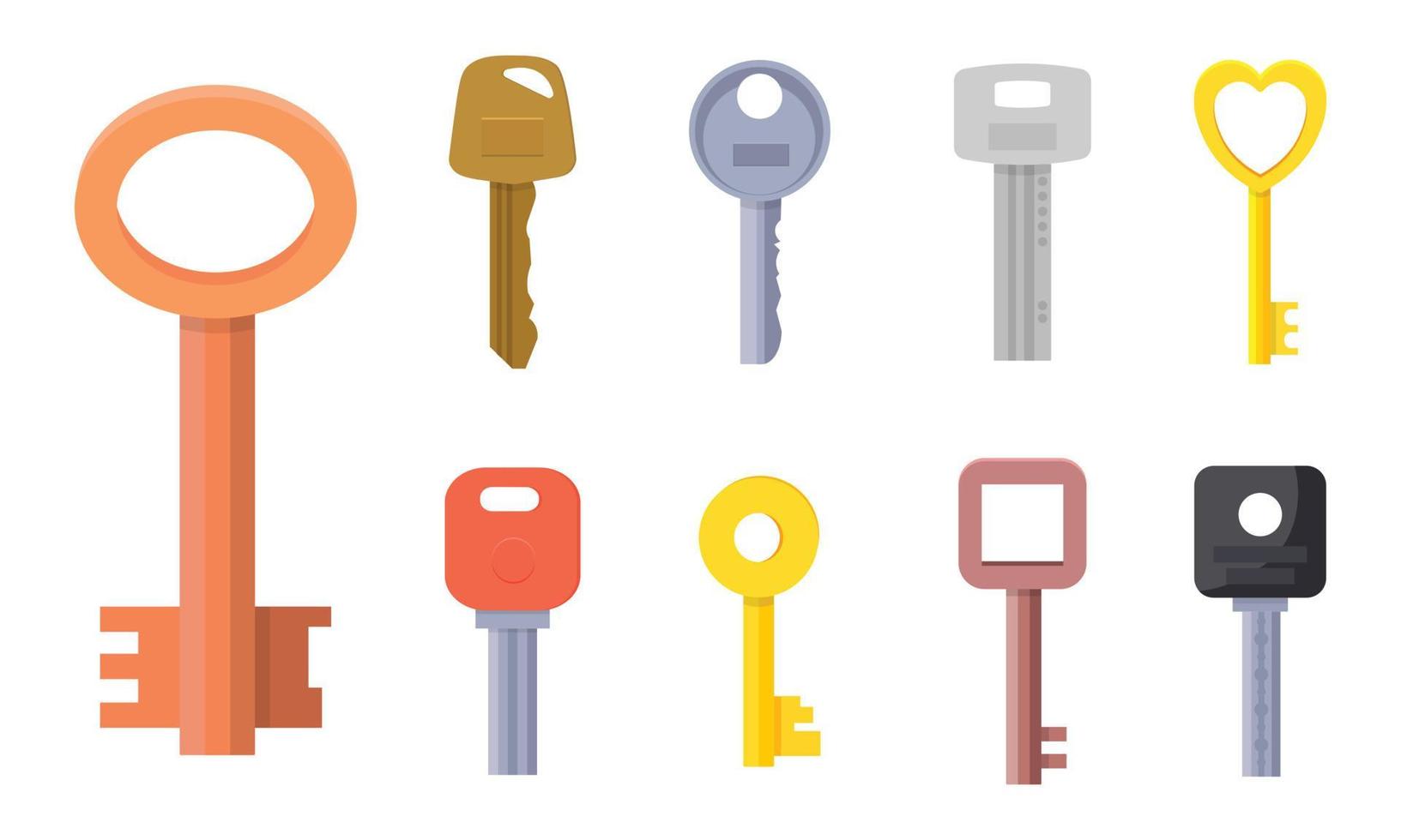 Flat illustrations of different type of keys collection for house door, lock access, automobile, home, apartment, money case, personal box. For your design. vector