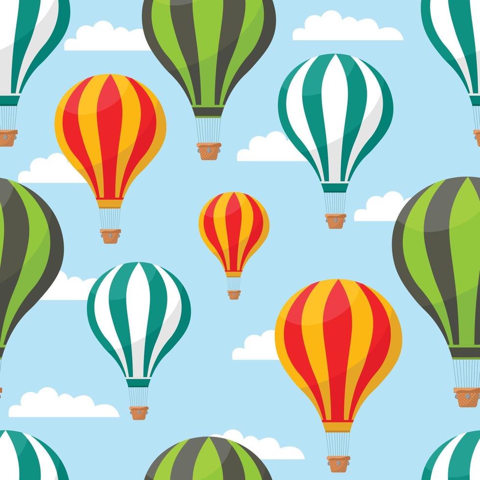 Cartoon hot air balloons in blue sky vector seamless pattern for air travel concept. Illustration of striped air balloon pattern for your web design.