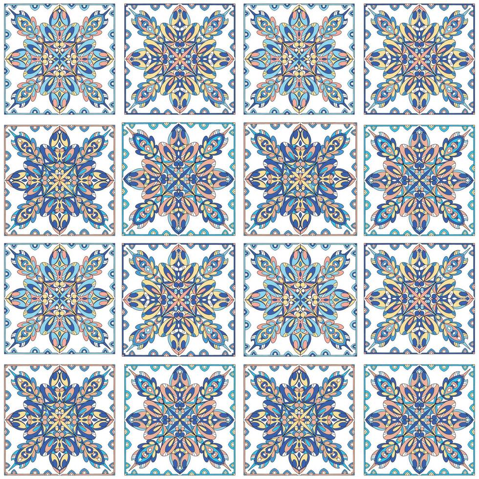 Round mandala seamless pattern. Arabic, Indian, Islamic, Ottoman ornament. Blue floral pattern, motif. Vector illustration.