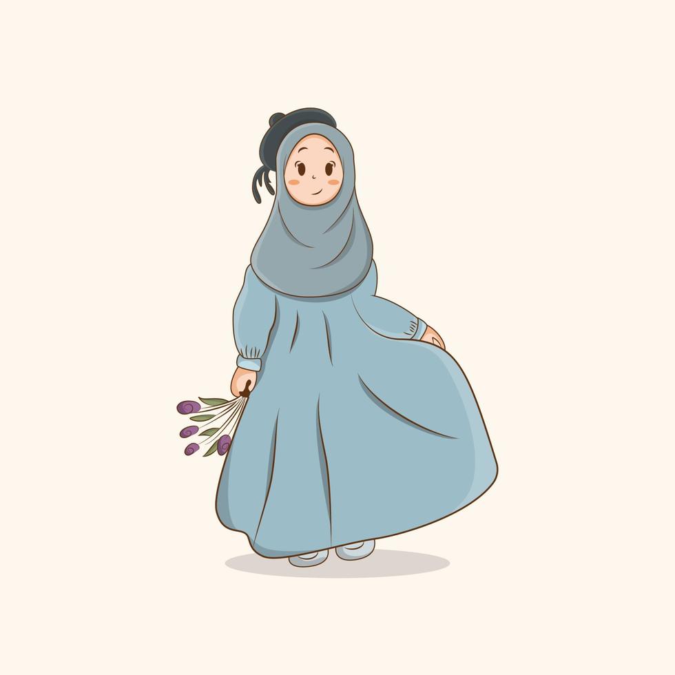 Cute Girl Hijab Holding Flower Vector Illustration, Muslim Girl ...