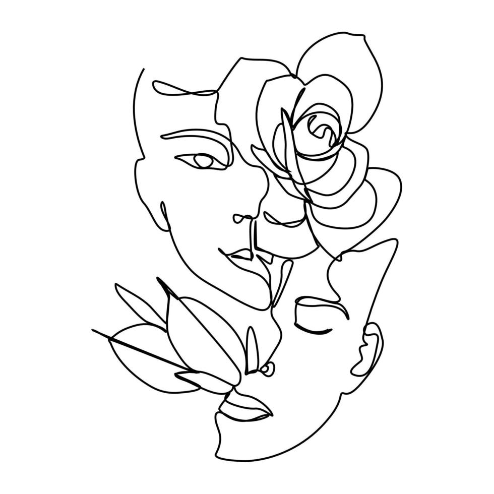 Rostro de mujer en estilo artístico de una sola línea con flores y hojas de líneas continuas en un estilo elegante. vector